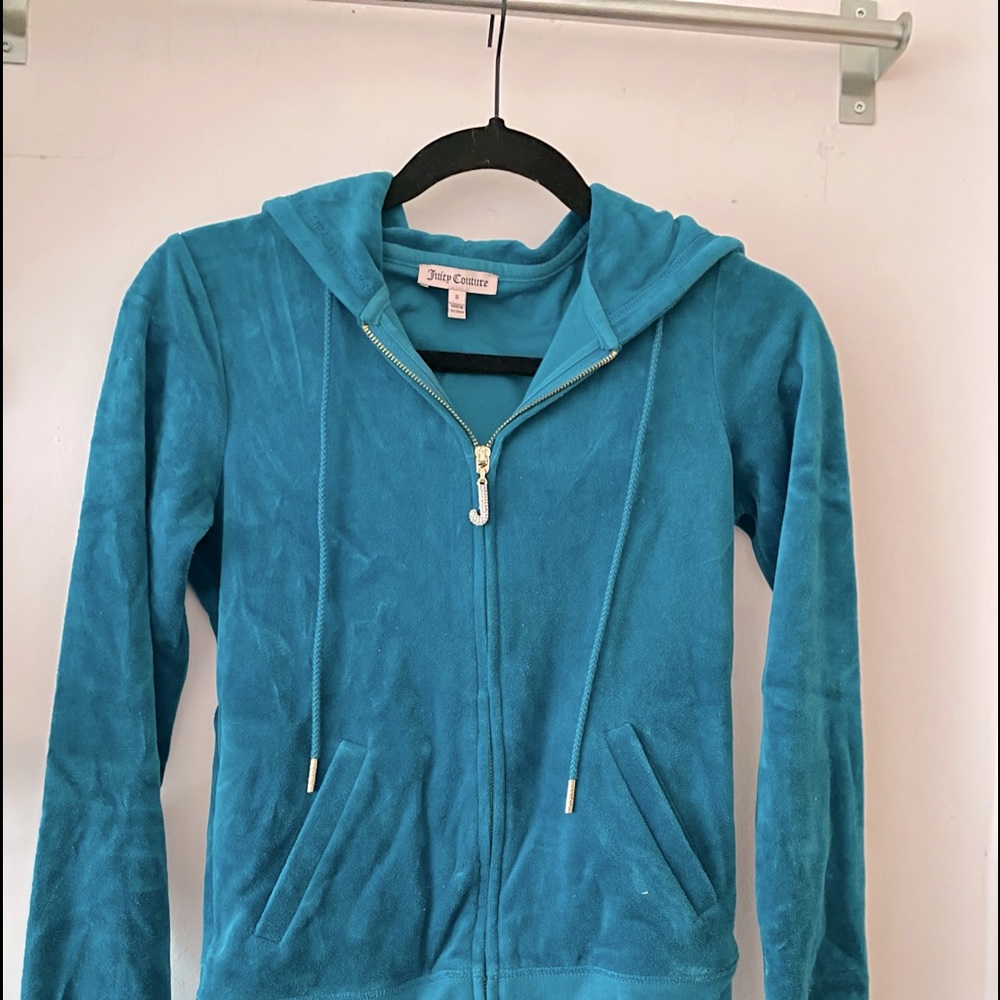Turquoise Velvet zip hoodie with Jewel J by juicy couture.
